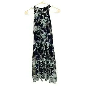 - Miami Navy Blue Embroidered Halter Midi Floral Dress Size M, Pre-Owned EUC